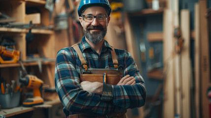 Obraz premium A carpenter in a plaid shirt and tool belt, standing in a woodworking shop.