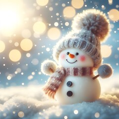 Cute Laughing Snowman with Wool Hat & Scarf - Photorealistic Winter Scene with Bokeh Lights