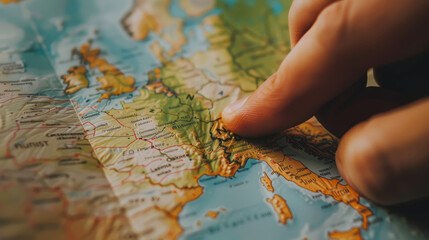 A map with a finger pointing to a destination, symbolizing decisions in travel and life direction.