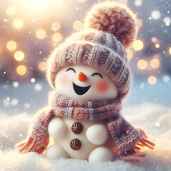 Obraz premium Cute Laughing Snowman with Wool Hat & Scarf - Photorealistic Winter Scene with Bokeh Lights