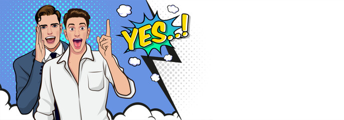 business people whispering gossip or business secret to friend surprised In Retro Vintage Pop Art Comic Style