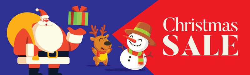 Christmas Sale banner. Santa Claus with floating gift box on hand celebrating festive with cute snowman and reindeer. Flat vector concept illustration.