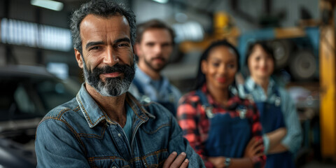 Obraz premium Group of diverse mechanics, celebrating the completion of a challenging project, diversity in the auto shop.