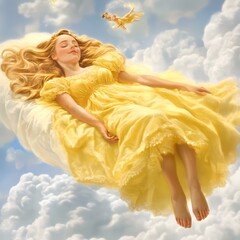 Woman Sleeping in the Clouds with Fairies