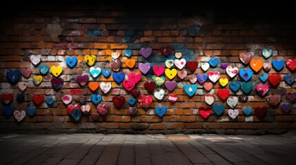 Brick wall with painted hearts in graffiti style.  