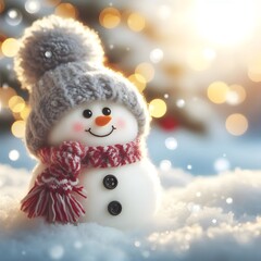 Cute Laughing Snowman with Wool Hat & Scarf - Photorealistic Winter Scene with Bokeh Lights