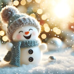 Obraz premium Cute Laughing Snowman with Wool Hat & Scarf - Photorealistic Winter Scene with Bokeh Lights