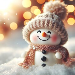 Obraz premium Cute Laughing Snowman with Wool Hat & Scarf - Photorealistic Winter Scene with Bokeh Lights