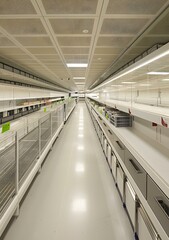 Obraz premium Empty Metal Shelves in a Long White Corridor