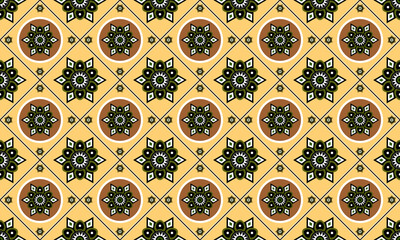 Mesmerizing repeating pattern showcasing intricate floral elements. Brown circles with white borders contain detailed flower designs, alternating with green diamond shapes. The yellow background.
