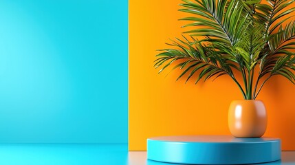 Fototapeta premium Colorful interior decor featuring a vibrant palm plant in a stylish vase against bright orange and turquoise walls.