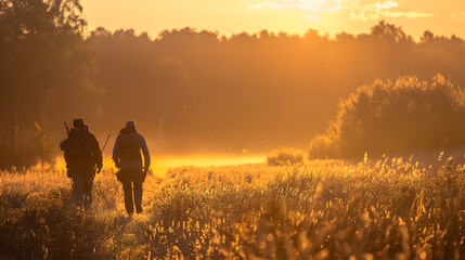 Fototapeta premium Hunters with equipment moving through a field towards a forest at sunset during hunting season.