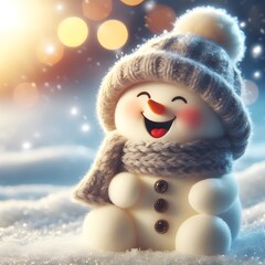 Cute Laughing Snowman with Wool Hat & Scarf - Photorealistic Winter Scene with Bokeh Lights
