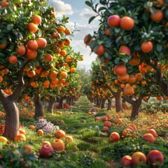 Vibrant orange orchard with lush trees and colorful flowers, showcasing a serene landscape ripe for harvest.