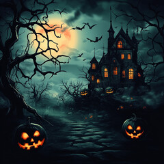 Halloween Scene, Spooky Road to the Haunted House