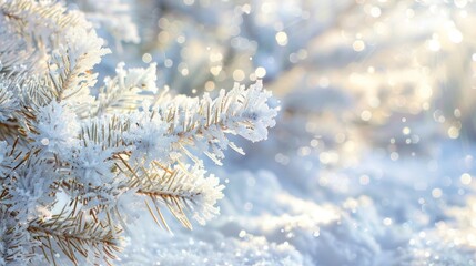 A close-up view of snow-laden pine needles, with intricate ice crystals sparkling in the sunlight