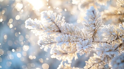 A close-up view of snow-laden pine needles, with intricate ice crystals sparkling in the sunlight