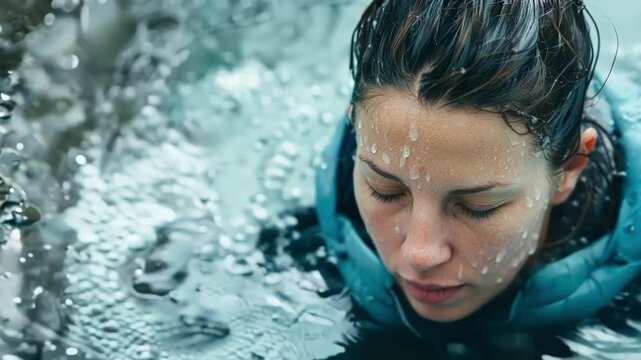 Young woman wearing a warm jacket is taking an ice bath in a lake during the winter, practicing the wim hof method for its health benefits