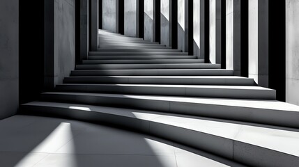 Fototapeta premium Modern staircase with sleek lines and shadows creating an intriguing perspective in a minimalist architectural setting.