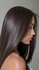 Naklejka premium The woman stands in profile, her long straight dark brown hair cascading elegantly down her back. A calm expression and soft lighting enhance her natural beauty in this beautifully composed moment