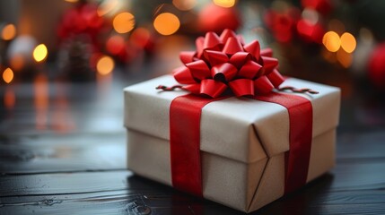 A beautifully wrapped holiday gift with a red bow sits on a table adorned with festive decorations, capturing the joy of the season amidst twinkling lights