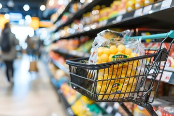 Closeup of a shopping cart with yellow cheese balls in a supermarket