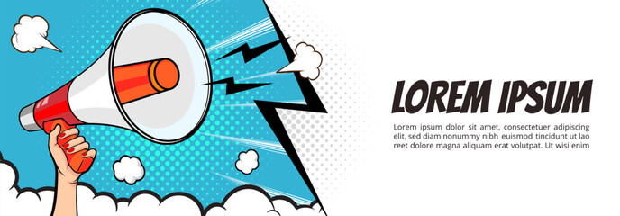Hand holds megaphone bullhorn in retro pop art comic style Advertising banner with megaphone. Announcement of news, sales, special offer, sale, Loudspeaker announces