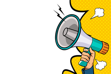 Hand holds megaphone bullhorn in retro pop art comic style Advertising banner with megaphone. Announcement of news, sales, special offer, sale, Loudspeaker announces