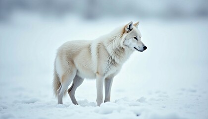 Obraz premium A Tundra Wolf, camouflaged in snowy tundra, blends into the icy landscape, highlighting its graceful stance.