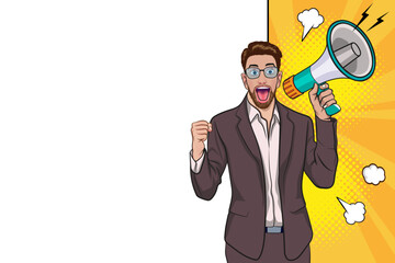 Business man with loudspeaker megaphone announcing discount or sale Special offer shopping time