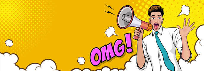 Business man with loudspeaker megaphone announcing discount or sale Special offer shopping time