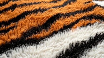 Close-up of a tiger-striped fur fabric with white, black, and orange hues.