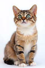 Obraz premium A close-up portrait of a curious tabby cat with large green eyes and a fluffy coat. The cat is sitting upright against a white background, showcasing its distinct stripes and white chest.