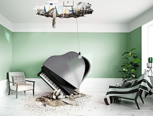 broken ceiling and falling piano
