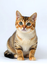 Obraz premium A close-up portrait of a curious tabby cat with large green eyes and a fluffy coat. The cat is sitting upright against a white background, showcasing its distinct stripes and white chest.
