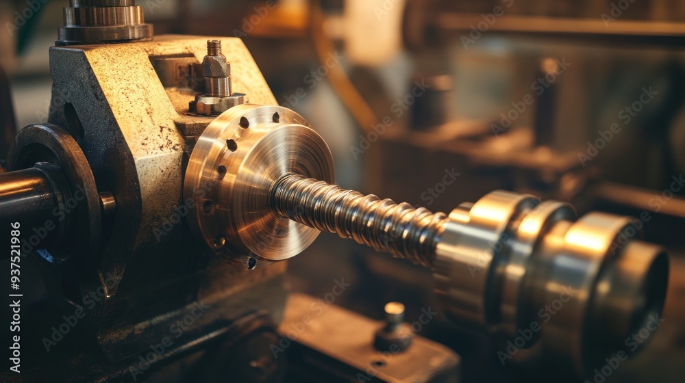 Poster close-up of a metallic screw and gears on a machine