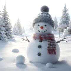 Obraz premium Cute Laughing Snowman with Wool Hat & Scarf - Photorealistic Winter Scene with Bokeh Lights, isolated on a white background