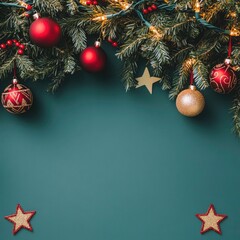 Christmas sale promotional background with christmas balls, christmas green branches, decorative lighting and stars. Chirstmas background with copy space background. Xmas background