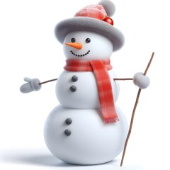 Cute Laughing Snowman with Wool Hat & Scarf - Photorealistic Winter Scene with Bokeh Lights, isolated on a white background
