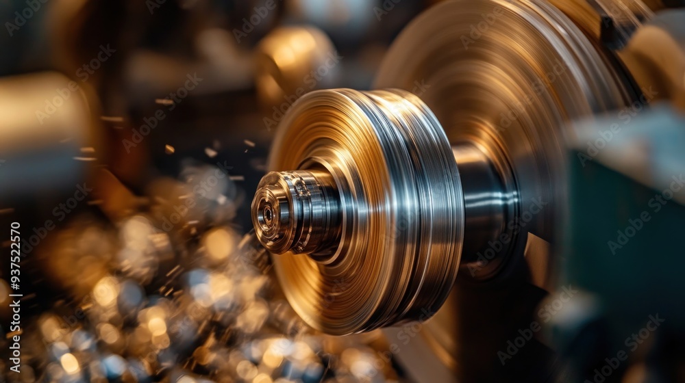 Poster Close-up of a Rotating Metal Object on a Lathe Machine