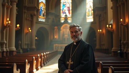 Obraz premium A priest in traditional attire stands in a historic church, softly lit, with blurred architectural details. 