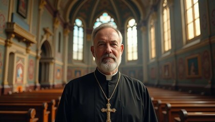 Naklejka premium A priest in traditional attire stands in a historic church, softly lit, with blurred architectural details.