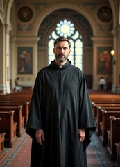 Naklejka premium A priest in traditional attire stands in a historic church, softly lit, with blurred architectural details. 