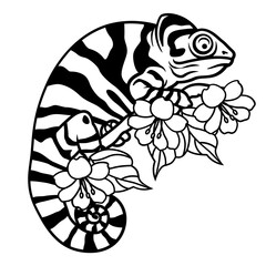 Chameleon | Colorful Lizard | Small Reptile | Floral Chameleon | Wild Animal | Lizard | Chameleon with Flowers | Exotic Animal | Original Illustration | Vector and Clipart | Cutfile and Stencil