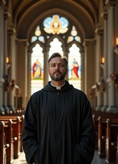 Naklejka premium A priest in traditional attire stands in a historic church, softly lit, with blurred architectural details. 