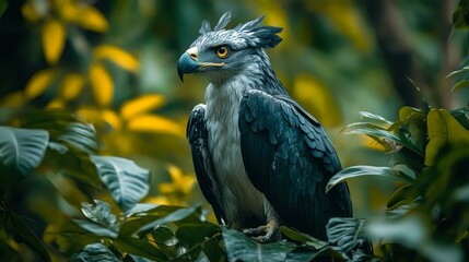 A majestic harpy eagle perches amidst lush, green foliage with yellow highlights, providing a striking view of its powerful beak and focused eyes, ideal for themes of wildlife, nature