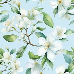 Delicate white flowers and green leaves set against a soft blue background create a calming and elegant design, perfect for wallpapers, invitations, or spring-themed decorations,