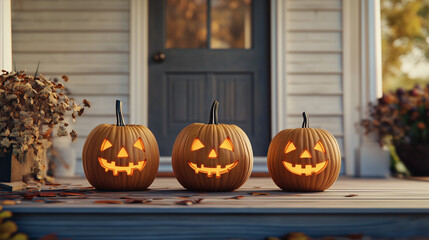 Trio of glowing jack-o'-lanterns on a wooden porch, creating a spooky Halloween atmosphere