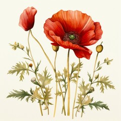 Obraz premium A vibrant watercolor painting of red poppy flowers with delicate green leaves, suitable for home decor, greeting cards, and botanical illustrations,