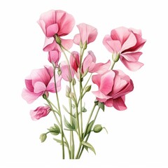 Fototapeta premium A watercolor illustration of pink sweet pea flowers on white background, ideal for botanical prints, greeting cards, invitations, wedding decor, or floral-themed designs,